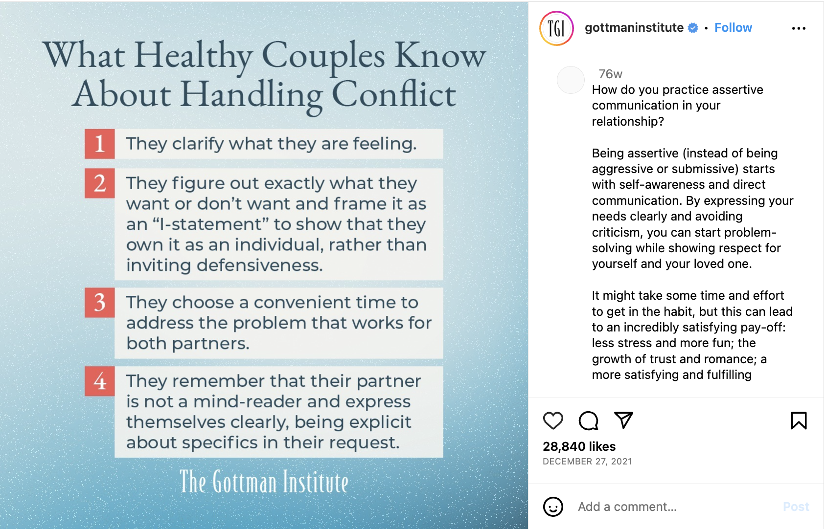 What Healthy Couples Know About Handling Conflict - Gottman Instagram